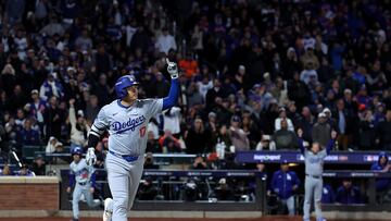 Oct 16, 2024; New York City, New York, USA; Los Angeles Dodgers two-way player Shohei Ohtani (17) reacts after hitting a three run home run in the eighth inning during game three of the NLCS for the 2024 MLB playoffs at Citi Field. Mandatory Credit: Brad Penner-Imagn Images TPX IMAGES OF THE DAY