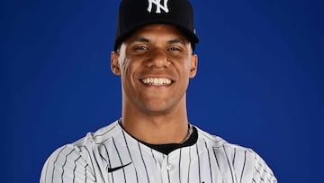 TAMPA, FLORIDA - FEBRUARY 21: Juan Soto #22 of the New York Yankees poses during the 2024 New York Yankees Photo Day at George M. Steinbrenner Field on February 21, 2024 in Tampa, Florida.   Julio Aguilar/Getty Images/AFP (Photo by Julio Aguilar / GETTY IMAGES NORTH AMERICA / Getty Images via AFP)