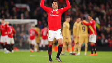 MANCHESTER, ENGLAND - FEBRUARY 23: Casemiro of Manchester United celebrates after the UEFA Europa League knockout round play-off leg two match between Manchester United and FC Barcelona at Old Trafford on February 23, 2023 in Manchester, England. (Photo by James Gill - Danehouse/Getty Images)