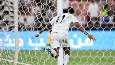 Real Madrid's Brazilian forward #11 Rodrygo celebrates scoring his team's third goal during the Spanish Super Cup semi-final football match between Real Madrid and Mallorca at the King Abdullah Sport City in Jeddah on January 9, 2025. (Photo by FADEL SENNA / AFP)