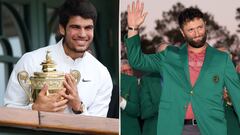 Carlos Alcaraz, con el trofeo de Wimbledon, y Jon Rahm, con la Chaqueta Verde del Masters de Augusta, tras sus victorias en los dos emblemáticos torneos en 2023.