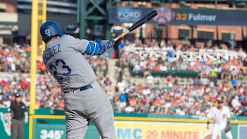 DETROIT, MI - AUGUST 19: Adrian Gonzalez #23 of the Los Angeles Dodgers hits an RBI single in the seventh inning against the Detroit Tigers during a MLB game at Comerica Park on August 19, 2017 in Detroit, Michigan.   Dave Reginek/Getty Images/AFP
 == FOR NEWSPAPERS, INTERNET, TELCOS &amp; TELEVISION USE ONLY ==