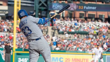 DETROIT, MI - AUGUST 19: Adrian Gonzalez #23 of the Los Angeles Dodgers hits an RBI single in the seventh inning against the Detroit Tigers during a MLB game at Comerica Park on August 19, 2017 in Detroit, Michigan. Dave Reginek/Getty Images/AFP
== FOR NEWSPAPERS, INTERNET, TELCOS & TELEVISION USE ONLY ==