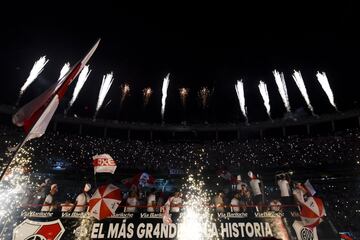 Players of River Plate take part in the celebrations at Antonio Vespucio Liberti Stadium after winning the Copa CONMEBOL Libertadores Final against Boca Juniors on December 23, 2018 in Buenos Aires, Argentina.