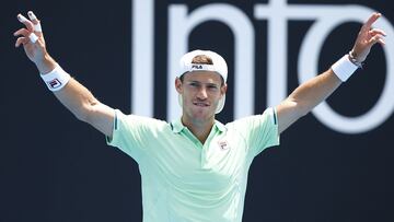 MELBOURNE, AUSTRALIA - JANUARY 18: Diego Schwartzman of Argentina celebrates winning his first round singles match against Filip Krajinovic of Serbia during day two of the 2022 Australian Open at Melbourne Park on January 18, 2022 in Melbourne, Australia.