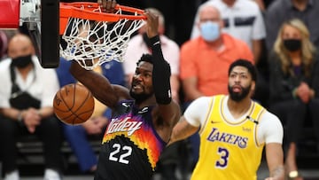 May 25, 2021; Phoenix, Arizona, USA; Phoenix Suns center Deandre Ayton (22) slam dunks the ball against the Los Angeles Lakers during the second half in game two of the first round of the 2021 NBA Playoffs at Phoenix Suns Arena. Mandatory Credit: Mark J. 