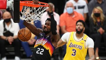 May 25, 2021; Phoenix, Arizona, USA; Phoenix Suns center Deandre Ayton (22) slam dunks the ball against the Los Angeles Lakers during the second half in game two of the first round of the 2021 NBA Playoffs at Phoenix Suns Arena. Mandatory Credit: Mark J. 