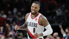 PORTLAND, OREGON - OCTOBER 20: Damian Lillard #0 of the Portland Trail Blazers reacts after missing the final shot to lose against the Sacramento Kings 124-121 at Moda Center on October 20, 2021 in Portland, Oregon. NOTE TO USER: User expressly acknowledges and agrees that, by downloading and or using this photograph, User is consenting to the terms and conditions of the Getty Images License Agreement.   Steph Chambers/Getty Images/AFP
 == FOR NEWSPAPERS, INTERNET, TELCOS &amp; TELEVISION USE ONLY ==