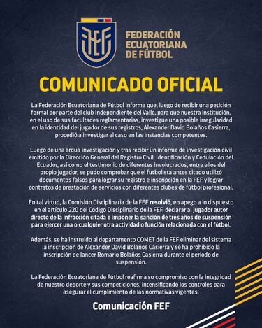 Escándalo en Ecuador: suspenden tres años a un jugador por falsificar su identidad