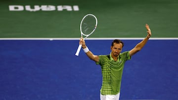Tennis - ATP 500 - Dubai Championships - Dubai Tennis Stadium, Dubai, United Arab Emirates - February 27, 2026 Russia's Daniil Medvedev celebrates after winning his semi final match against Canada's Felix Auger Aliassime REUTERS/Rula Rouhana TPX IMAGES OF THE DAY