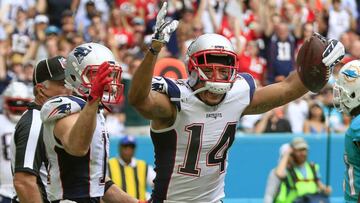 Jan 1, 2017; Miami Gardens, FL, USA;  New England Patriots wide receiver Michael Floyd (14) celebrates a touchdown during the second quarter of an NFL football game against the Miami Dolphins at Hard Rock Stadium. Mandatory Credit: Reinhold Matay-USA TODAY Sports