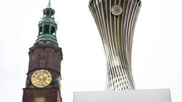 The UEFA Conference League trophy is on display in front of the City Hall in Wroclaw on May 28, 2025, ahead of the UEFA Conference League Final between Real Betis and Chelsea FC. (Photo by Sergei GAPON / AFP)