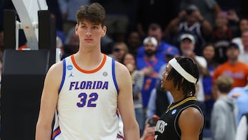 Olivier Rioux #32 of the Florida Gators and Hassane Diallo #11 of the Prairie View A&M Panthers look on during the second half in the first round of the 2026 NCAA Men's Basketball Tournament at Benchmark International Arena on March 20, 2026 in Tampa, Florida.