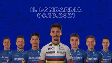Imagen de los siete ciclistas del Deceuninck Quick-Step para el Giro de Lombard&iacute;a 2021 con Julian Alaphilippe, Joao Almeida y Remco Evenepoel como l&iacute;deres.