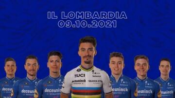 Imagen de los siete ciclistas del Deceuninck Quick-Step para el Giro de Lombardía 2021 con Julian Alaphilippe, Joao Almeida y Remco Evenepoel como líderes.