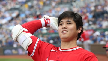 Jun 17, 2023; Kansas City, Missouri, USA; Los Angeles Angels designated hitter Shohei Ohtani (17) celebrates after hitting a home run during the seventh inning against the Kansas City Royals at Kauffman Stadium. Mandatory Credit: Scott Sewell-USA TODAY Sports