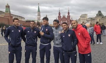 Sevilla players pose on Moscow's Red Square.