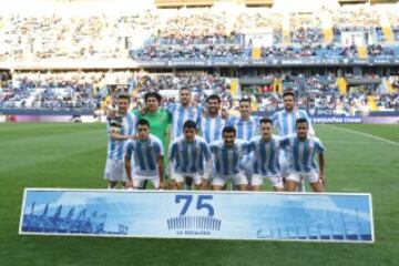 Once del Málaga. De pie: Camacho, Ochoa, Albentosa, Miguel Torres, Charles y Cop. Agachados: Ricca, Fornals, CHory Castro, Juanpi y Rosales.