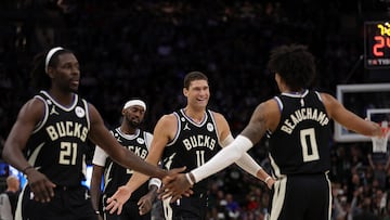 MILWAUKEE, WISCONSIN - NOVEMBER 05: Brook Lopez #11 of the Milwaukee Bucks reacts to a three point shot during the second half of a game against the Oklahoma City Thunder at Fiserv Forum on November 05, 2022 in Milwaukee, Wisconsin. NOTE TO USER: User expressly acknowledges and agrees that, by downloading and or using this photograph, User is consenting to the terms and conditions of the Getty Images License Agreement. Stacy Revere/Getty Images/AFP