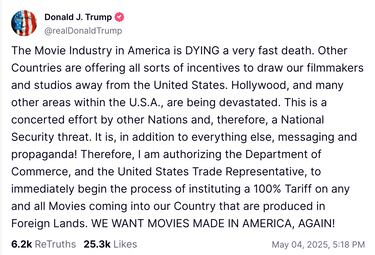 Trump anuncia aranceles del 100% a pel¨ªculas producidas en el extranjero
