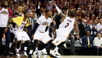 CLEVELAND, OH - MAY 23: Kyrie Irving #2 of the Cleveland Cavaliers celebrates a basket late in the fourth quarter of their 112 to 99 win over the Boston Celtics during Game Four of the 2017 NBA Eastern Conference Finals at Quicken Loans Arena on May 23, 2017 in Cleveland, Ohio. NOTE TO USER: User expressly acknowledges and agrees that, by downloading and or using this photograph, User is consenting to the terms and conditions of the Getty Images License Agreement.   Gregory Shamus/Getty Images/AFP
 == FOR NEWSPAPERS, INTERNET, TELCOS &amp; TELEVISION USE ONLY ==