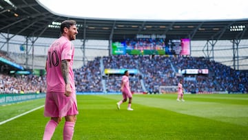May 10, 2025; Saint Paul, Minnesota, USA; Inter Miami forward Lionel Messi (10) looks on during the first half against Minnesota United at Allianz Field. Mandatory Credit: Brace Hemmelgarn-Imagn Images