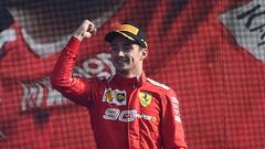 Formula One F1 - Italian Grand Prix - Circuit of Monza, Monza, Italy - September 8, 2019   Ferrari&#039;s Charles Leclerc celebrates winning the race with third place Mercedes&#039; Lewis Hamilton     REUTERS/Massimo Pinca