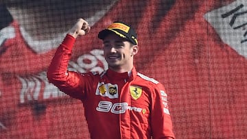 Formula One F1 - Italian Grand Prix - Circuit of Monza, Monza, Italy - September 8, 2019   Ferrari&#039;s Charles Leclerc celebrates winning the race with third place Mercedes&#039; Lewis Hamilton     REUTERS/Massimo Pinca