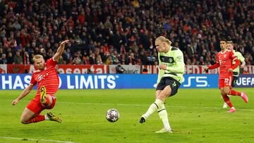 Soccer Football - Champions League - Quarter Final - Second Leg - Bayern Munich v Manchester City - Allianz Arena, Munich, Germany - April 19, 2023 Manchester City's Erling Braut Haaland scores their first goal REUTERS/Heiko Becker     TPX IMAGES OF THE DAY