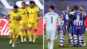 Los jugadores del Cádiz y del Alavés celebran goles contra el Real Madrid en el Alfredo Di Stéfano.