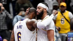 WASHINGTON, DC - DECEMBER 04: Anthony Davis #3 and LeBron James #6 of the Los Angeles Lakers celebrate after a 130-119 victory against the Washington Wizards at Capital One Arena on December 04, 2022 in Washington, DC. NOTE TO USER: User expressly acknowledges and agrees that, by downloading and or using this photograph, User is consenting to the terms and conditions of the Getty Images License Agreement.   Greg Fiume/Getty Images/AFP (Photo by Greg Fiume / GETTY IMAGES NORTH AMERICA / Getty Images via AFP)