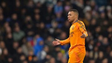 Real Madrid's French forward #09 Kylian Mbappe gestures during the Spanish league football match between RCD Espanyol and Real Madrid CF at�the RCDE Stadium in Cornella de Llobregat on February 1, 2025. (Photo by MANAURE QUINTERO / AFP)