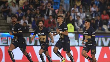 AME2764. PACHUCA (MÉXICO), 02/05/2024.- Jugadores de Pumas celebran durante el partido de Play In del torneo Clausura 2024 de la Liga MX disputado entre Pachuca y Pumas el 2 de mayo de 2024, en el estadio Hidalgo, en Pachuca (México). EFE/ David Martínez Pelcastre
