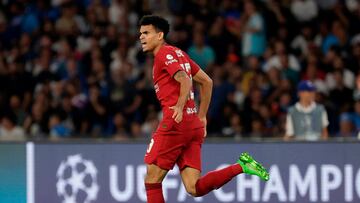 Soccer Football - Champions League - Group A - Napoli v Liverpool - Stadio Diego Armando Maradona, Naples, Italy - September 7, 2022 Liverpool's Luis Diaz celebrates scoring their first goal REUTERS/Ciro De Luca