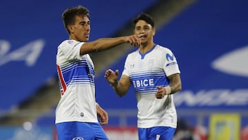Futbol, Universidad Catolica vs Palestino.
Segunda fecha, campeonato nacional 2021.
El jugador de Universidad Catolica Diego Valencia celebra su gol contra Palestino durante el partido de primera division realizado en el Estadio San Carlos de Apoquindo