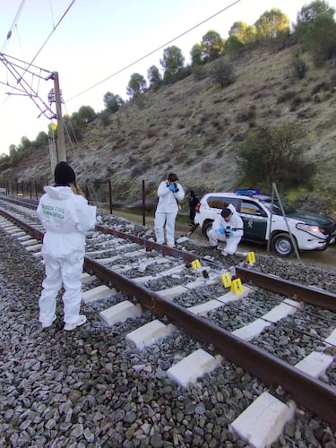 Miembros de la Guardia Civil española trabajan en el lugar del descarrilamiento mortal de dos trenes de alta velocidad cerca de Adamuz, en Córdoba, España.