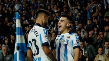 Soccer Football - Champions League - Group D - Real Sociedad v Benfica - Reale Arena, San Sebastian, Spain - November 8, 2023 Real Sociedad's Ander Barrenetxea celebrates scoring their third goal with teammates REUTERS/Vincent West