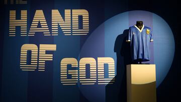 The shirt worn by Diego Maradona during the 1986 World Cup quarter-final match against England on display at Sotheby's.