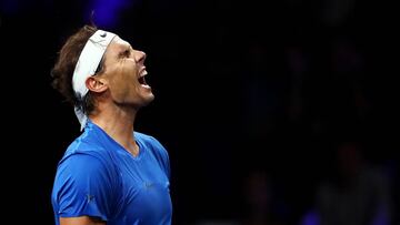 GENEVA, SWITZERLAND - SEPTEMBER 21: Rafael Nadal of Team Europe reacts in his singles match against Milos Raonic of Team World during Day Two of the Laver Cup 2019 at Palexpo on September 21, 2019 in Geneva, Switzerland. The Laver Cup will see six players from the rest of the World competing against their counterparts from Europe. Team World is captained by John McEnroe and Team Europe is captained by Bjorn Borg. The tournament runs from September 20-22. (Photo by Julian Finney/Getty Images for Laver Cup)