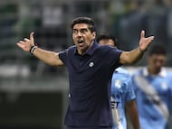AME4325. SAO PAULO (BRASIL), 16/04/2026.- El entrenador de Palmeiras, Abel Ferreira reacciona este jueves, en un partido de la fase de grupos de la Copa Libertadores entre Palmeiras y Sporting Cristal en el estadio Allianz Parque en Soa Paulo (Brasil). EFE/ Isaac Fontana