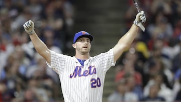 Pete Alonso, of the New York Mets, reacts after hitting during the first round in the Major League Baseball Home Run Derby, Monday, July 8, 2019, in Cleveland. The MLB baseball All-Star Game will be played Tuesday. (AP Photo/Tony Dejak)