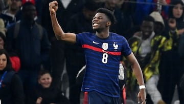 France's midfielder Aurelien Tchouameni celebrates after scoring a goal during the friendly football match between France and Ivory Coast at the Velodrome Stadium in Marseille, southern France, on March 25, 2022. (Photo by FRANCK FIFE / AFP)