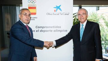 Alejandro Blanco, presidente del COE, e Isidro Fain&eacute;, presidente de la Fundaci&oacute;n Bancaria La Caixa, durante el acto de presentaci&oacute;n.