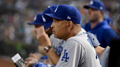 PHOENIX, ARIZONA - OCTOBER 11: Manager Dave Roberts of the Los Angeles Dodgers looks on from the dugout in the first inning against the Arizona Diamondbacks during Game Three of the Division Series at Chase Field on October 11, 2023 in Phoenix, Arizona.   Norm Hall/Getty Images/AFP (Photo by Norm Hall / GETTY IMAGES NORTH AMERICA / Getty Images via AFP)
