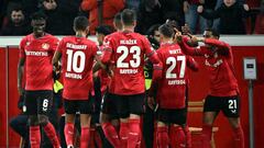 09 March 2023, North Rhine-Westphalia, Leverkusen: Soccer: Europa League, Bayer Leverkusen - Ferencváros Budapest, knockout round, round of 16, first leg, at BayArena. Leverkusen players celebrate Edmond Tapsoba's 2:0. Photo: Federico Gambarini/dpa (Photo by Federico Gambarini/picture alliance via Getty Images)