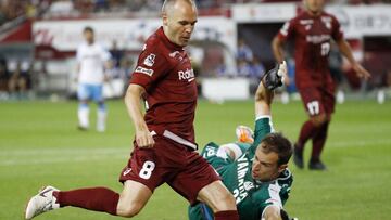 Vissel Kobe's Andres Iniesta of Spain scores his first goal for Vissel Kobe during their J-League soccer match against Jubilo Iwata in Kobe, Japan in this photo taken by Kyodo August 11, 2018. Mandatory credit Kyodo/via REUTERS ATTENTION EDITORS
