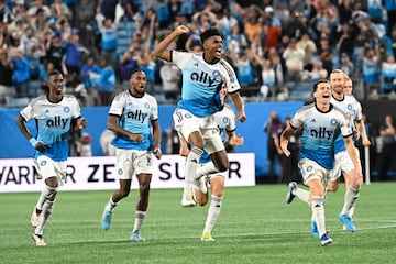 Nov 1, 2024; Charlotte, North Carolina, USA;  Charlotte FC react to the win against Orlando City at Bank of America Stadium.Mandatory Credit: Bob Donnan-Imagn Images