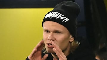 Dortmund&#039;s Norwegian forward Erling Braut Haaland shouts from the technical area during the UEFA Champions League, Group C, football match BVB Borussia Dortmund V Ajax Amsterdam in Dortmund, western Germany on November 3, 2021 (Photo by Ina Fassbende