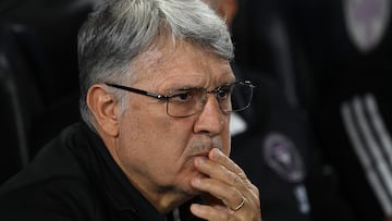 Inter Miami's Argentine coach Gerardo Martino looks on during the Concacaf Champions Cup quarter-final second-leg football match between Mexico's Monterrey and US' Inter Miami at the BBVA Stadium in Monterrey, Mexico on April 10, 2024. (Photo by YURI CORTEZ / AFP)