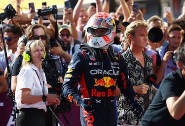 Alegría del piloto neerlandés tras proclamarse campeón del Gran Premio de Hungría de Fórmula 1.
